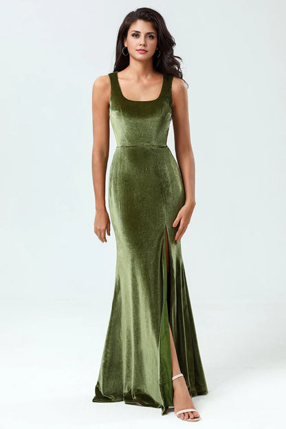OKBBN Elegant Mermaid Square Collar with Velvet Floor Openings Bridesmaid Dresses