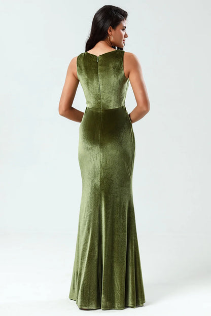 OKBBN Elegant Mermaid Square Collar with Velvet Floor Openings Bridesmaid Dresses