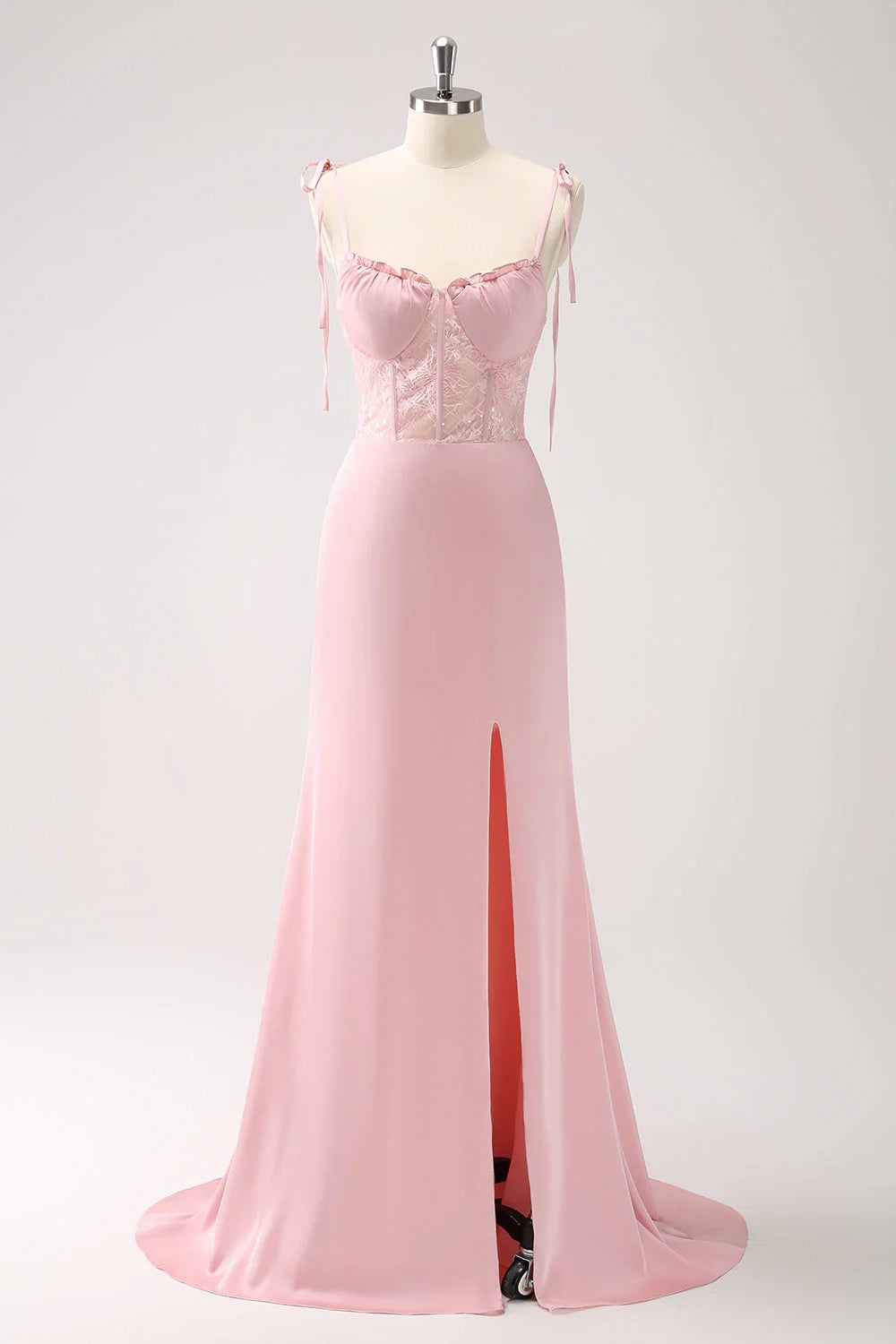 OKBBN Elegant Mermaid Thin Shoulder Strap Satin Waist Long Split Bridesmaid Dresses