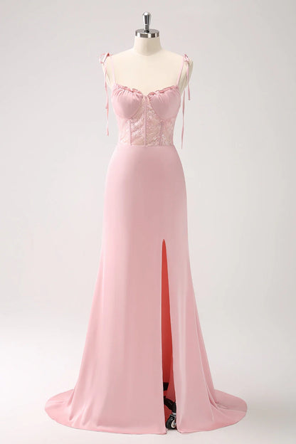 OKBBN Elegant Mermaid Thin Shoulder Strap Satin Waist Long Split Bridesmaid Dresses