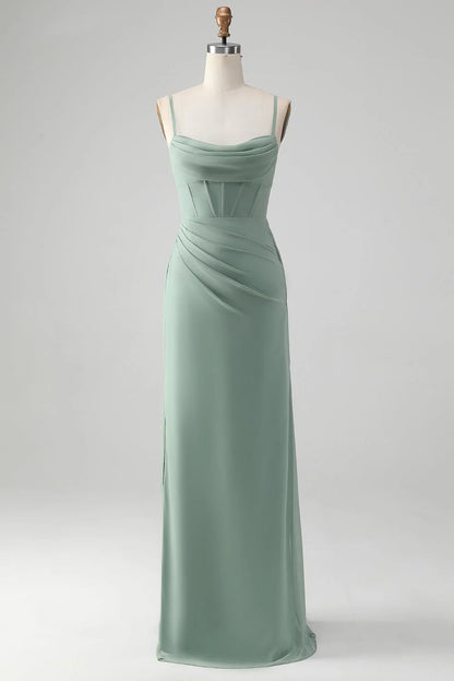 OKBBN Elegant Mermaid Thin Shoulder Strap Waist Long Split Bridesmaid Dresses