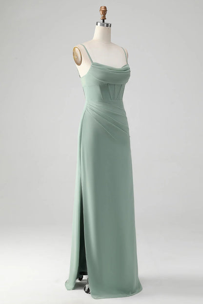 OKBBN Elegant Mermaid Thin Shoulder Strap Waist Long Split Bridesmaid Dresses