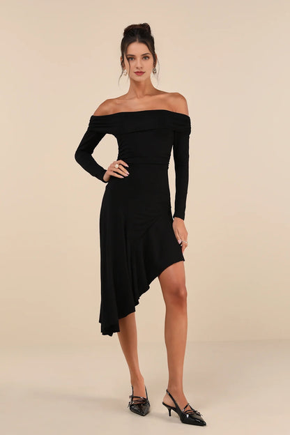 OKBBN Elegant Off Shoulder Asymmetric Medium Length Homecoming Dresses