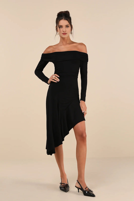 OKBBN Elegant Off Shoulder Asymmetric Medium Length Homecoming Dresses