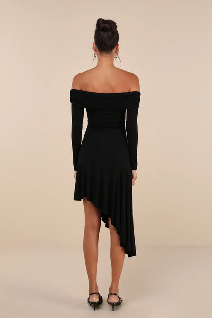 OKBBN Elegant Off Shoulder Asymmetric Medium Length Homecoming Dresses