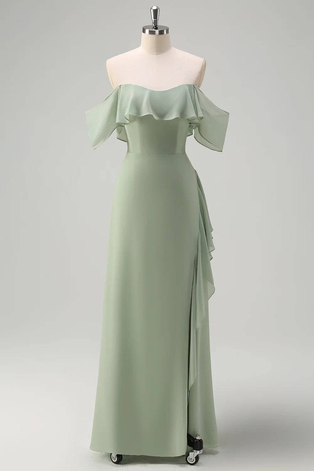 OKBBN Elegant Off Shoulder Chiffon Long Ruffle Split Bridesmaid Dresses