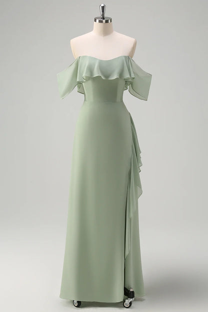 OKBBN Elegant Off Shoulder Chiffon Long Ruffle Split Bridesmaid Dresses
