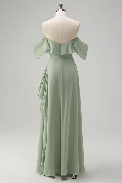 OKBBN Elegant Off Shoulder Chiffon Long Ruffle Split Bridesmaid Dresses
