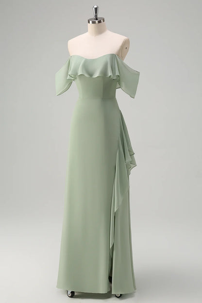 OKBBN Elegant Off Shoulder Chiffon Long Ruffle Split Bridesmaid Dresses