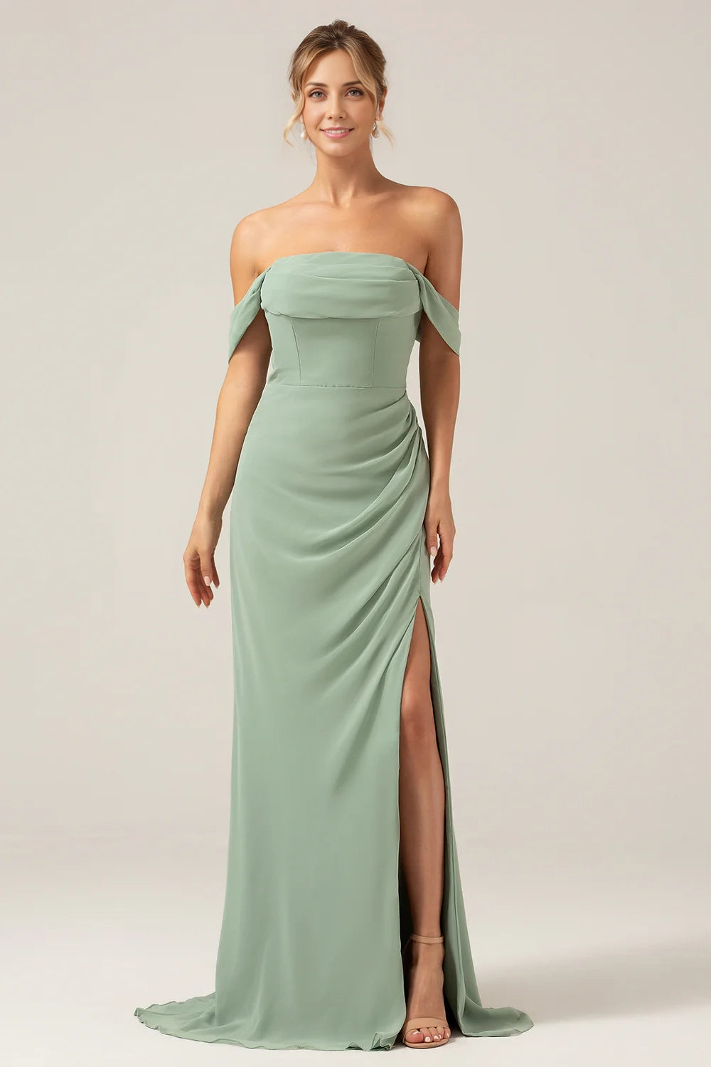 OKBBN Elegant Off Shoulder Folded Chiffon Slits Bridesmaid Dresses
