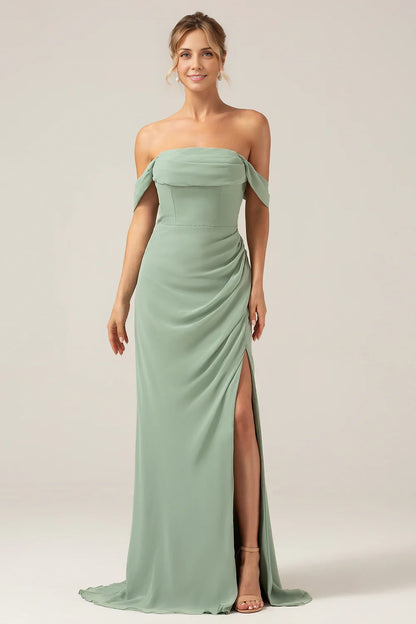 OKBBN Elegant Off Shoulder Folded Chiffon Slits Bridesmaid Dresses