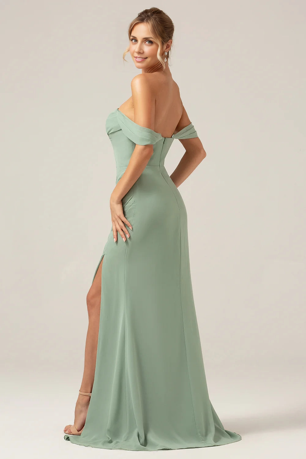 OKBBN Elegant Off Shoulder Folded Chiffon Slits Bridesmaid Dresses