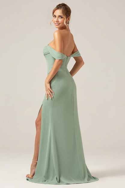 OKBBN Elegant Off Shoulder Folded Chiffon Slits Bridesmaid Dresses