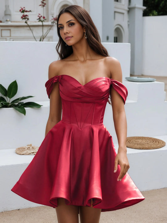 OKBBN Elegant Off Shoulder Highlighting Neck and Shoulder Lines, Shrinking Waist Mini Homecoming Dresses