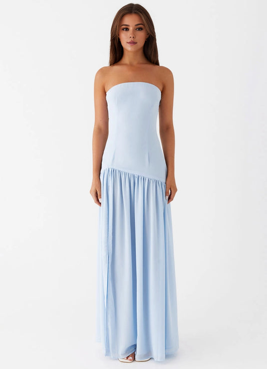 OKBBN Elegant Off Shoulder Lined Tight corset Semi Transparent Chiffon Skirt Prom Dresses