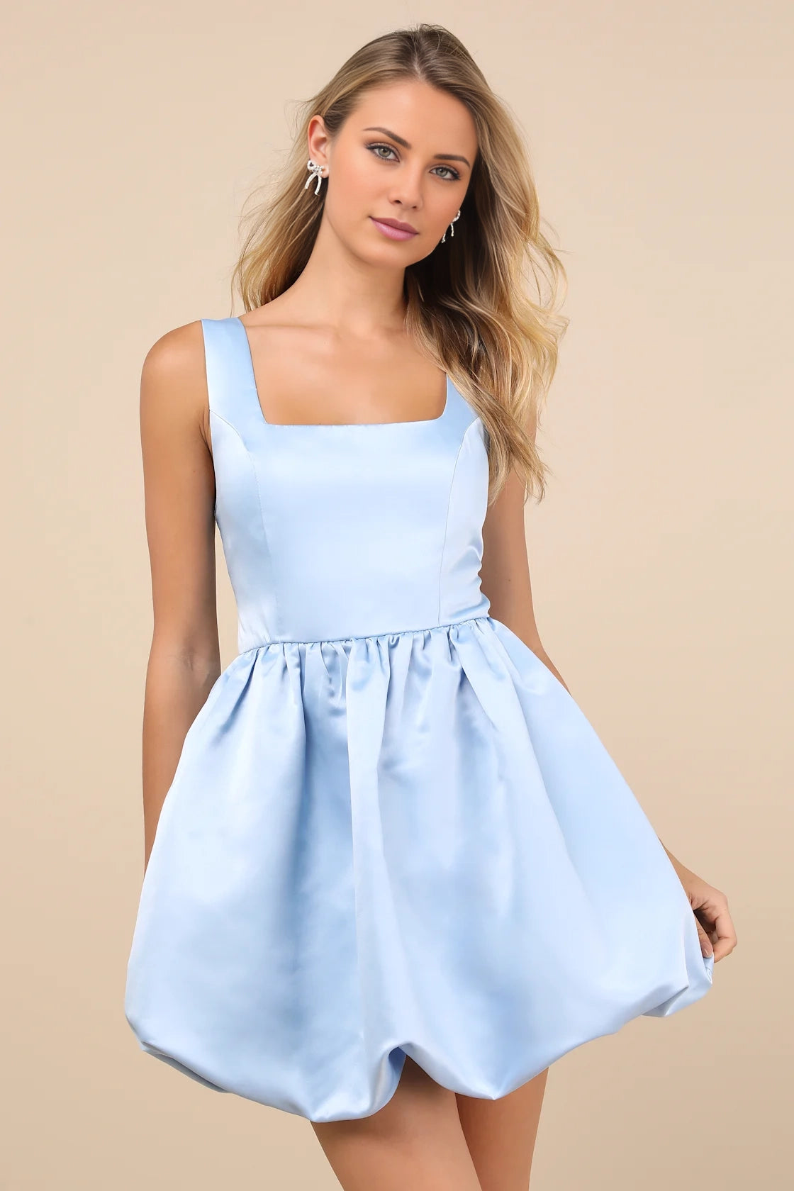 OKBBN Elegant Satin Square Neck Bubble Bottom Mini Homecoming Dresses