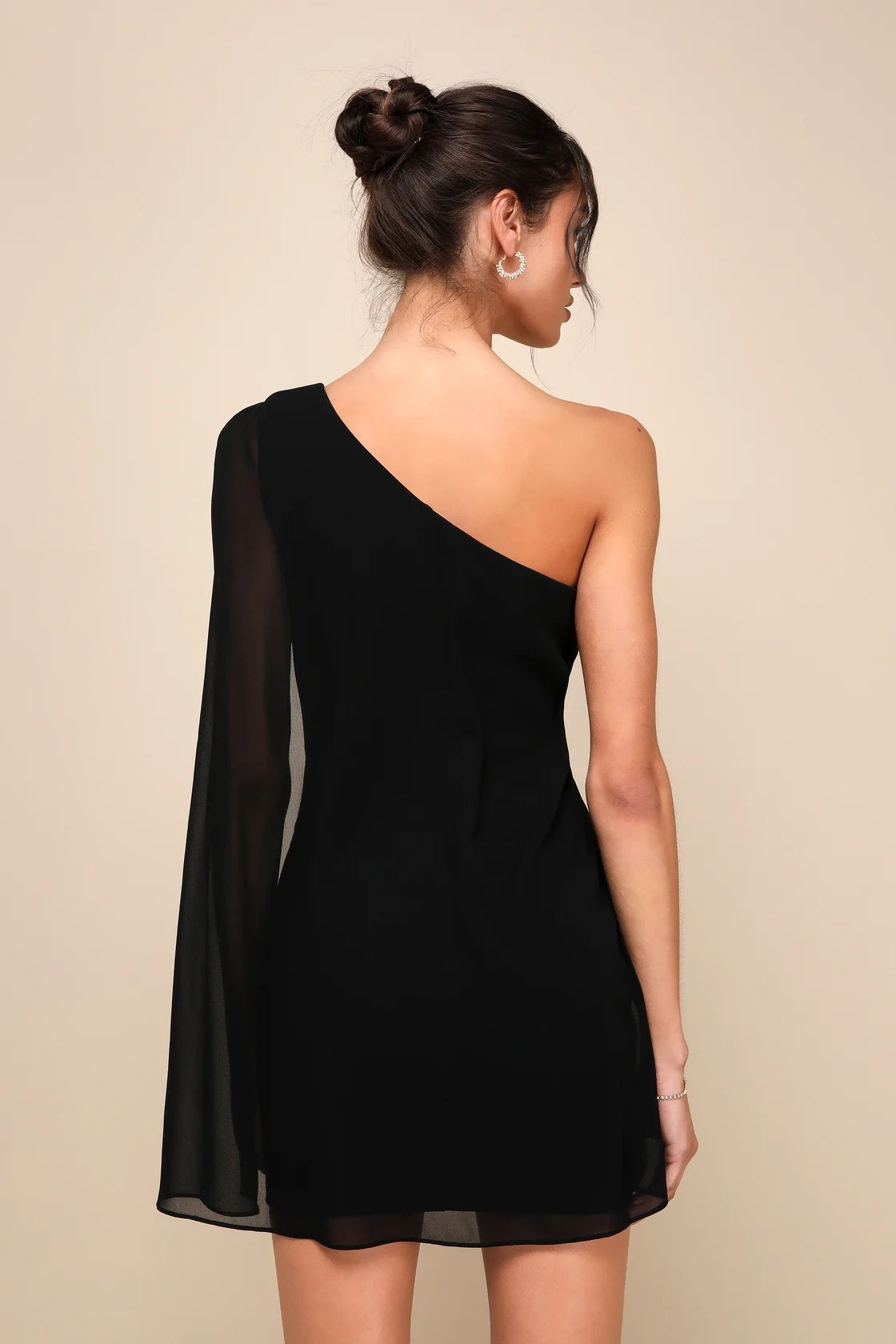 OKBBN Elegant Shawl Sleeves One Shoulder Mini Crepe Knitted Slimming Corset Homecoming Dresses