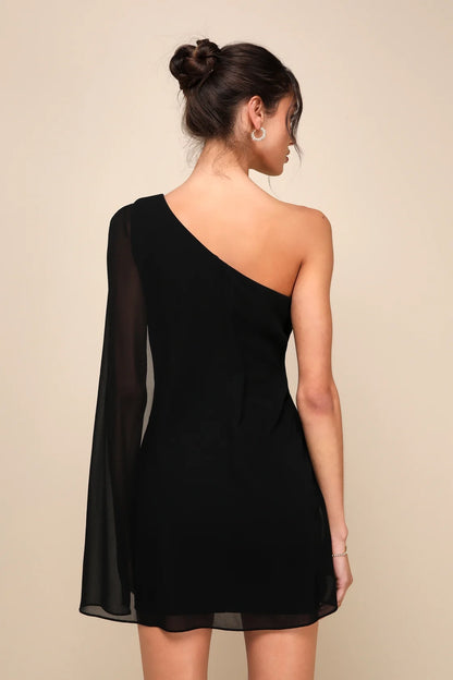 OKBBN Elegant Shawl Sleeves One Shoulder Mini Crepe Knitted Slimming Corset Homecoming Dresses