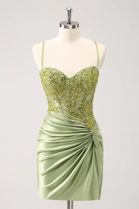 OKBBN Elegant Shiny Bun Flower Tight Short Homecoming Dresses