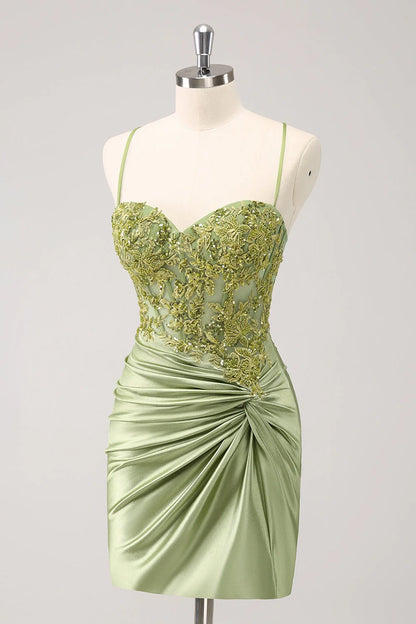 OKBBN Elegant Shiny Bun Flower Tight Short Homecoming Dresses