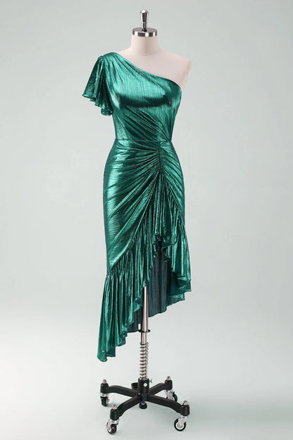 OKBBN Elegant Shoulder Lotus Leaf Edge Mermaid Fold Asymmetric Homecoming Dresses