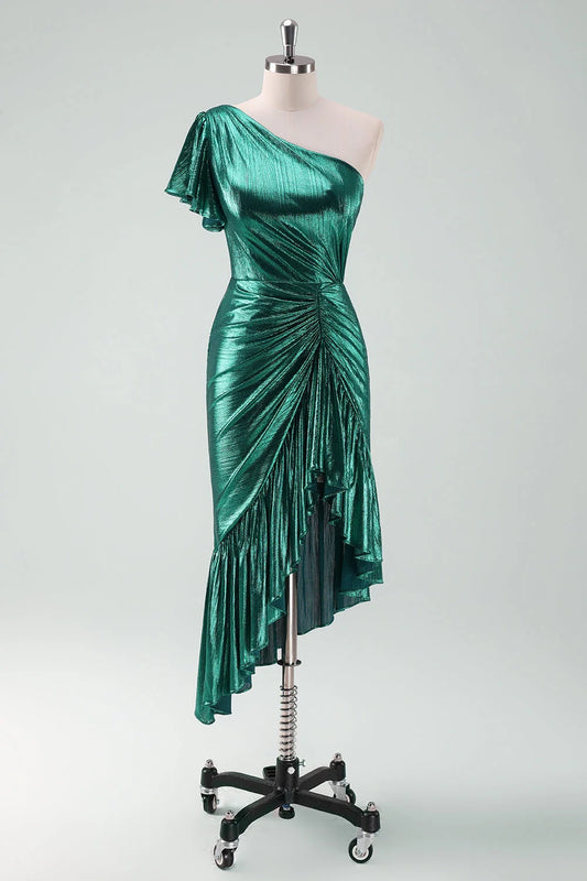 OKBBN Elegant Shoulder Lotus Leaf Edge Mermaid Fold Asymmetric Homecoming Dresses