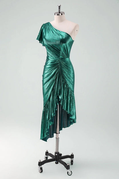 OKBBN Elegant Shoulder Lotus Leaf Edge Mermaid Fold Asymmetric Homecoming Dresses