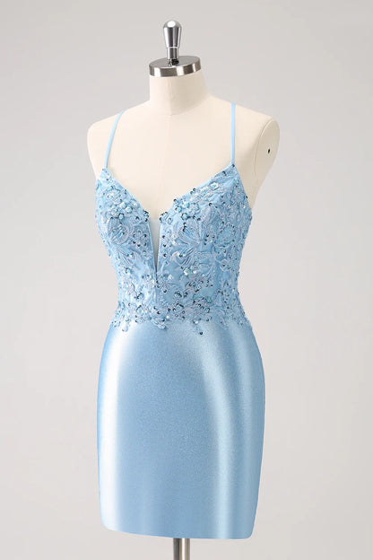 OKBBN Elegant Tight Strap Back Shining Stickers Short Homecoming Dresses