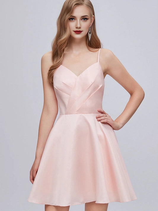 OKBBN Elegant V-neck Thin Shoulder Strap A-line Strap Short Homecoming Dresses