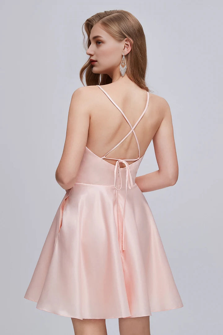 OKBBN Elegant V-neck Thin Shoulder Strap A-line Strap Short Homecoming Dresses