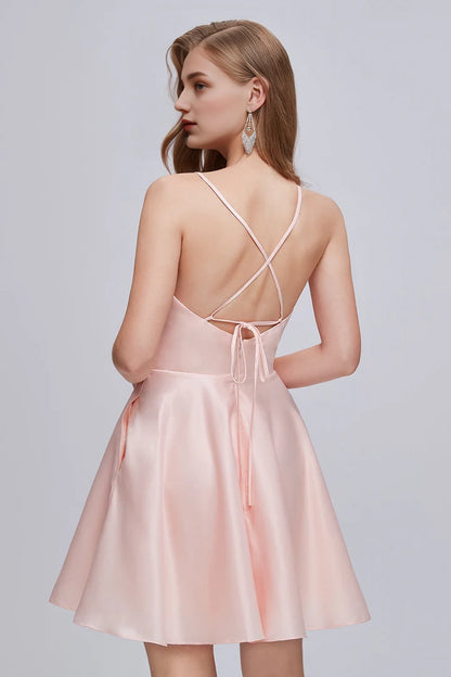 OKBBN Elegant V-neck Thin Shoulder Strap A-line Strap Short Homecoming Dresses