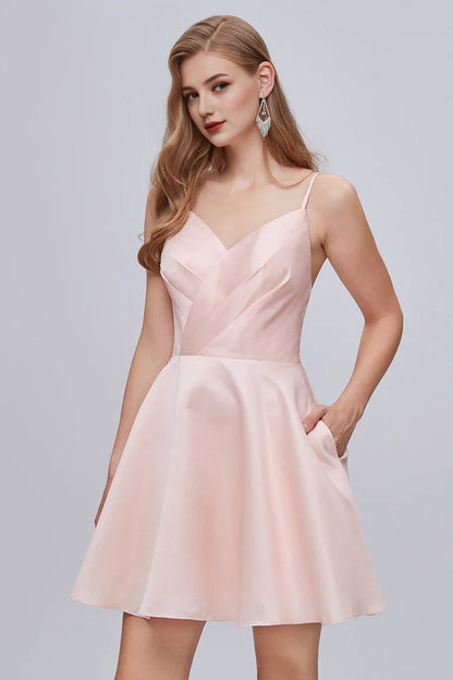 OKBBN Elegant V-neck Thin Shoulder Strap A-line Strap Short Homecoming Dresses