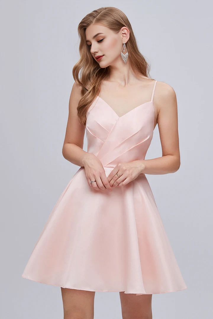 OKBBN Elegant V-neck Thin Shoulder Strap A-line Strap Short Homecoming Dresses