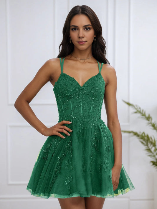 OKBBN Elegant V-neck sequined thin shoulder strap A-line Homecoming Dresses