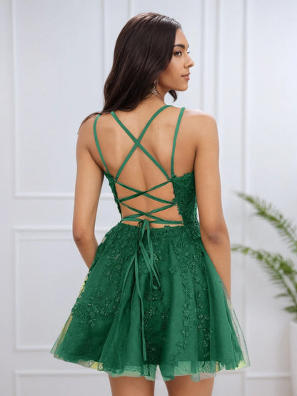 OKBBN Elegant V-neck sequined thin shoulder strap A-line Homecoming Dresses
