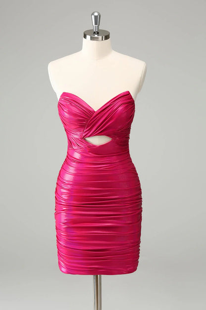 OKBBN Elegant Wrinkled Shoulder Tight Lock Hole Short Homecoming Dresses