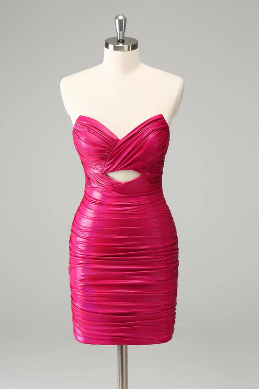 OKBBN Elegant Wrinkled Shoulder Tight Lock Hole Short Homecoming Dresses