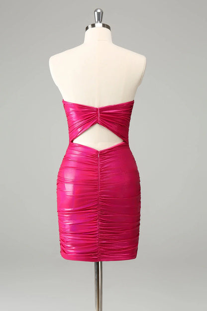 OKBBN Elegant Wrinkled Shoulder Tight Lock Hole Short Homecoming Dresses