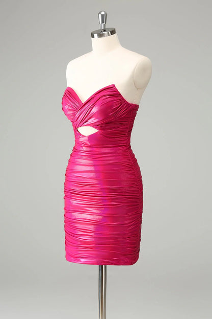 OKBBN Elegant Wrinkled Shoulder Tight Lock Hole Short Homecoming Dresses