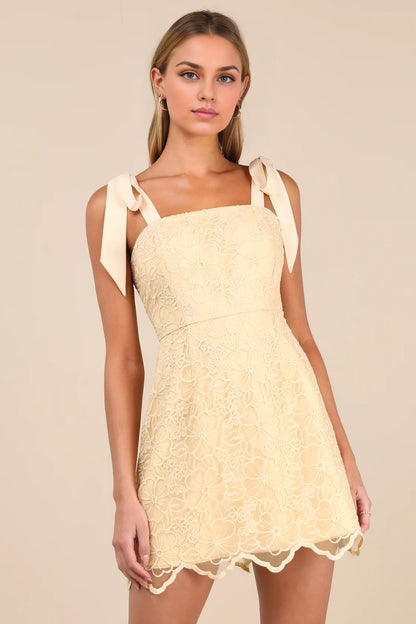 OKBBN Embroidered Lace Mini Transparent Woven Eugen High Waist A-line Homecoming Dresses