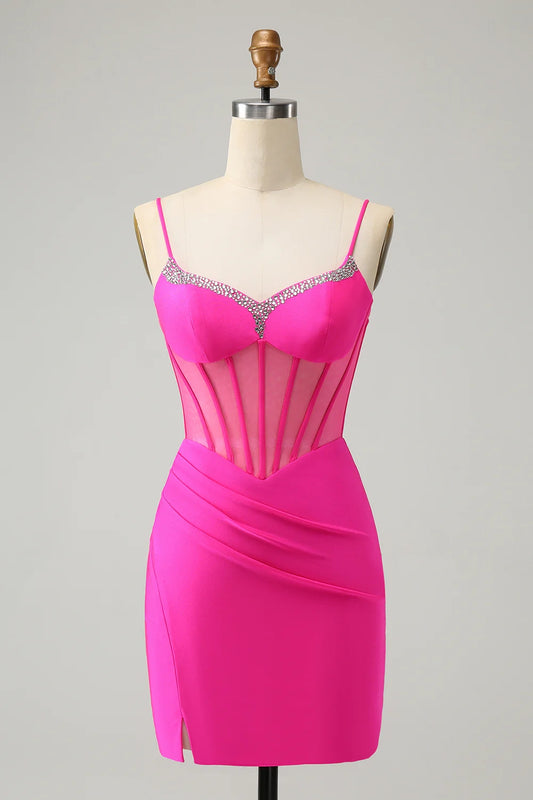 OKBBN Fashion Tight Strap Back Beaded Bundle Short Split Homecoming Dresses
