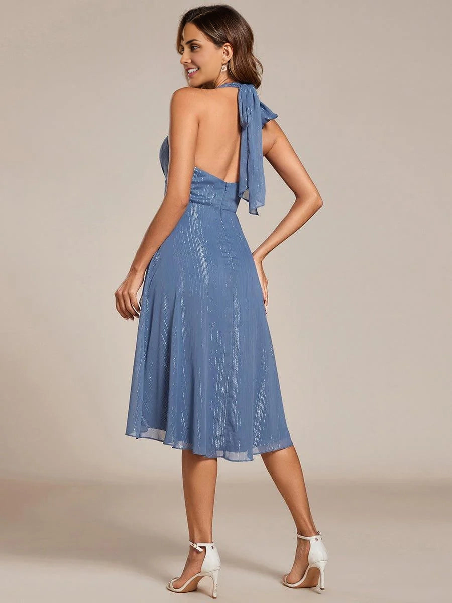 OKBBN Fashion V-neck Bareback Bow High Waist Sleeveless Ruffle Homecoming Dresses