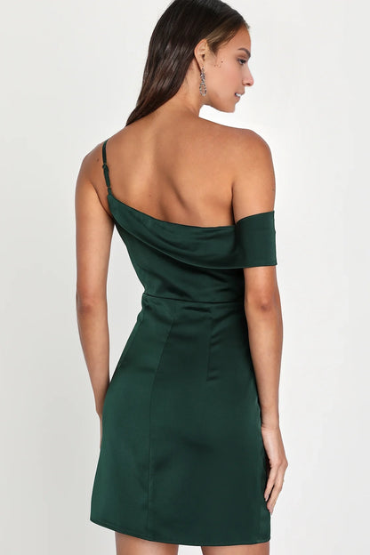 OKBBN Gorgeous Satin Asymmetric Mini Single Shoulder Strap Off Shoulder Wrinkles Homecoming Dresses