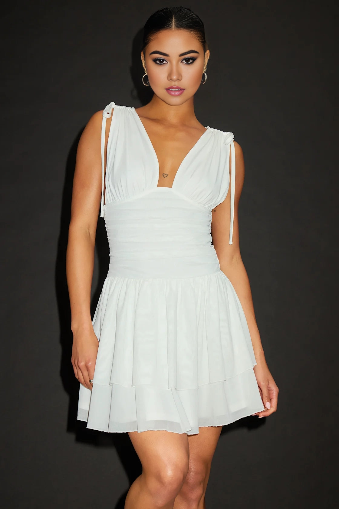 OKBBN Mesh Skater Silhouette Wrinkle Drawstring Strap Deep V-Layered Homecoming Dresses