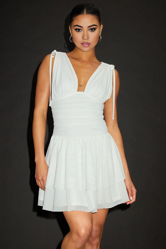 OKBBN Mesh Skater Silhouette Wrinkle Drawstring Strap Deep V-Layered Homecoming Dresses