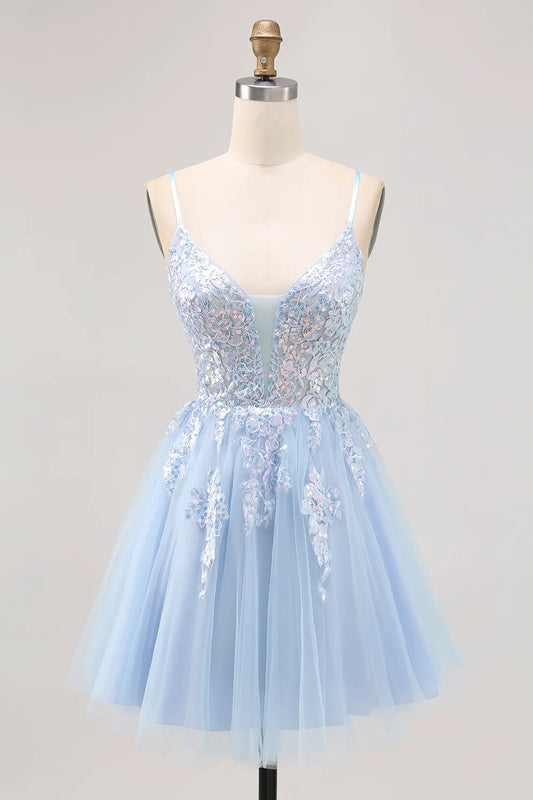 OKBBN Shiny A-line Thin Shoulder Strap with Glitter Stickers Short Homecoming Dresses