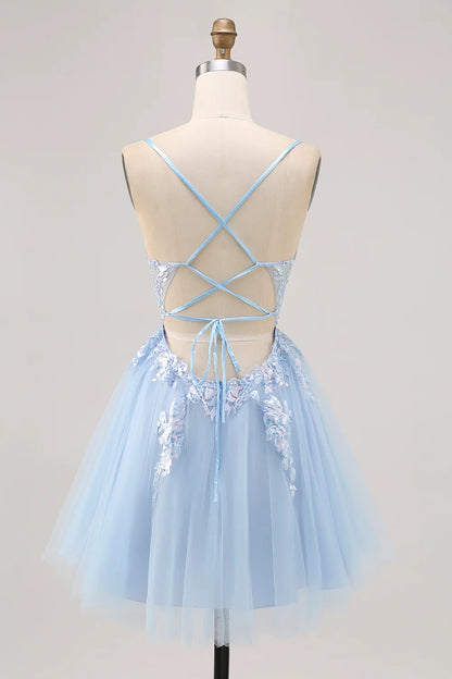 OKBBN Shiny A-line Thin Shoulder Strap with Glitter Stickers Short Homecoming Dresses