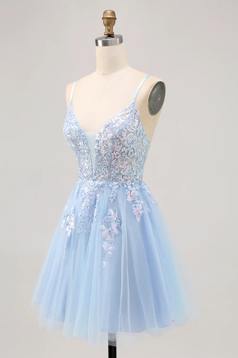 OKBBN Shiny A-line Thin Shoulder Strap with Glitter Stickers Short Homecoming Dresses