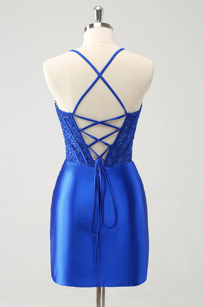 OKBBN Shiny Glitter Wrinkle Tight Corset Short Homecoming Dresses