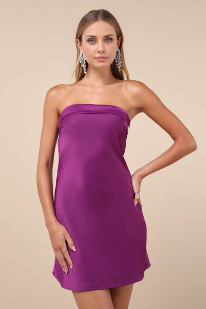 OKBBN Smooth Satin Straight Leg Collar Strapless Folding Strap Silhouette Homecoming Dresses